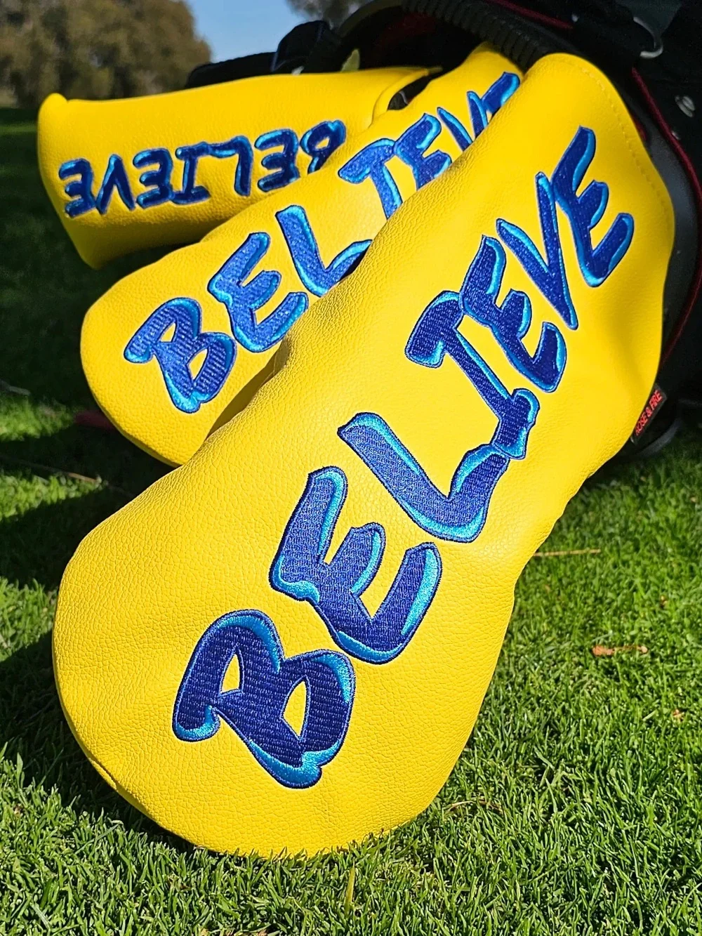 Yellow 'Believe' Putter Headcover with Blue Embroidery